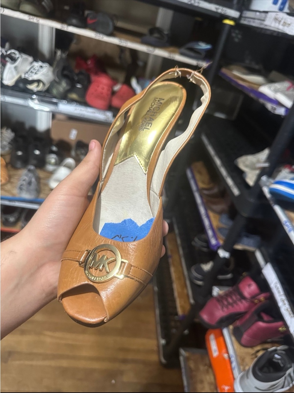 Michael Kors Tan Leather Open-Toe Slingback with Gold MK Medallion